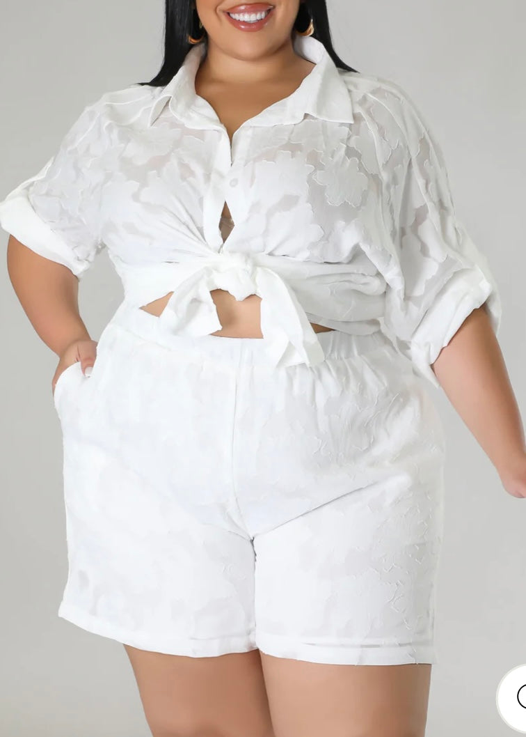 Button Shirt Short Set Plus Ivory