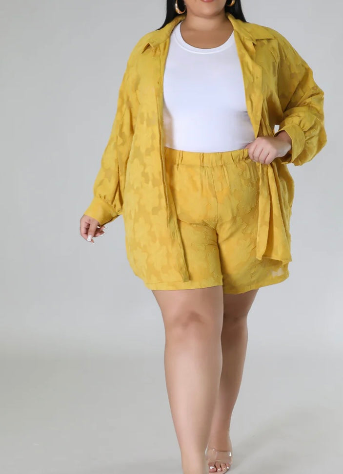 Button Shirt Short Set Plus Yellow