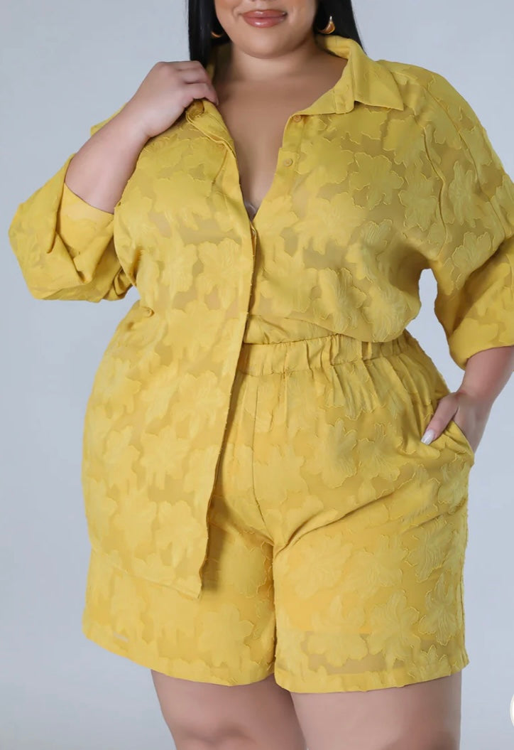 Button Shirt Short Set Plus Yellow