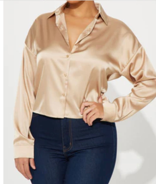 Long Sleeve Button Down Satin Beige