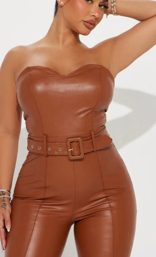 Faux Leather Jumpsuit With Belt Brown
