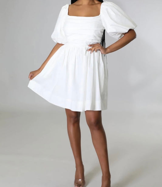 White Puffy Back Cut Out Babydoll Dress