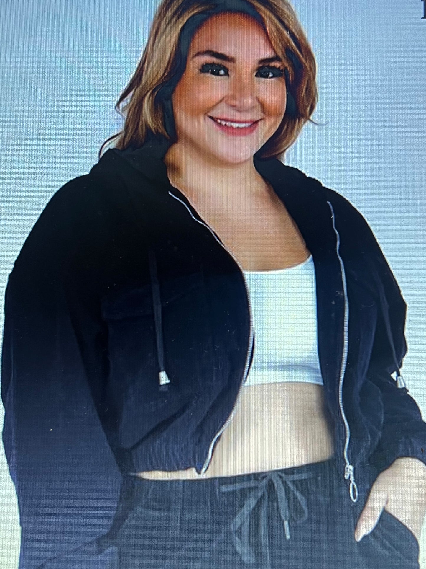 PLUS SIZE CORDUROY CROPPED HOODIE JACKET Black