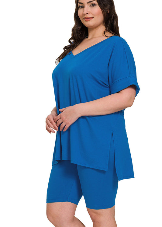 Plus Microfiber V-Neck Top & Biker Short Set Blue