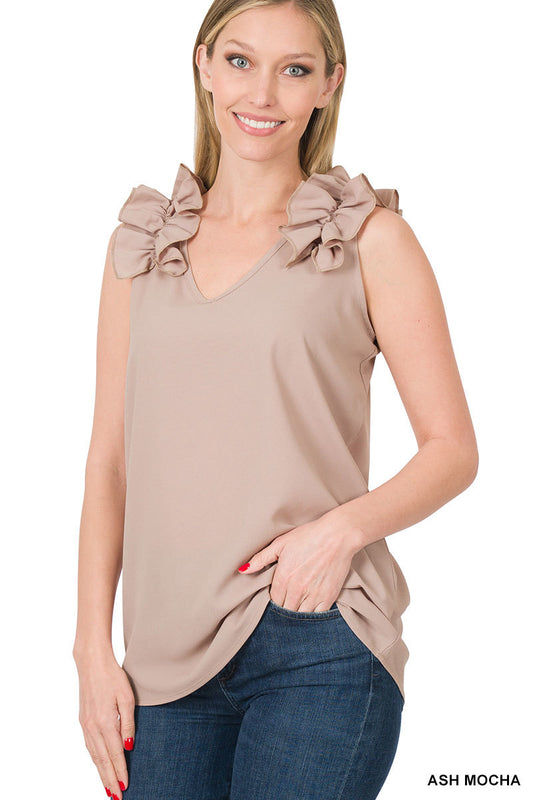 Ruffle Trim Sleeveless Top Mocca