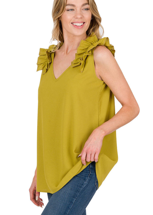 Ruffle Trim Sleeveless Top Olive