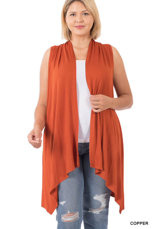 SLEEVELESS DRAPED OPEN FRONT CARDIGAN Plus