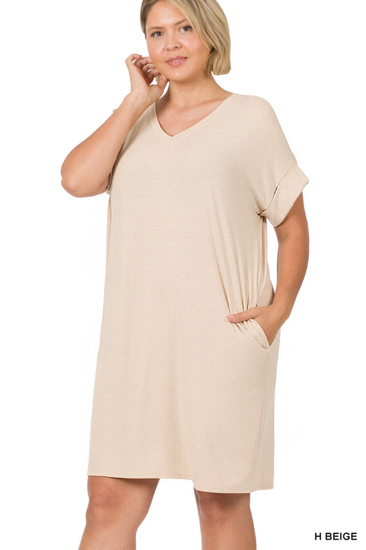 PLUS ROLLED SHORT SLEEVE V-NECK DRESS Beige