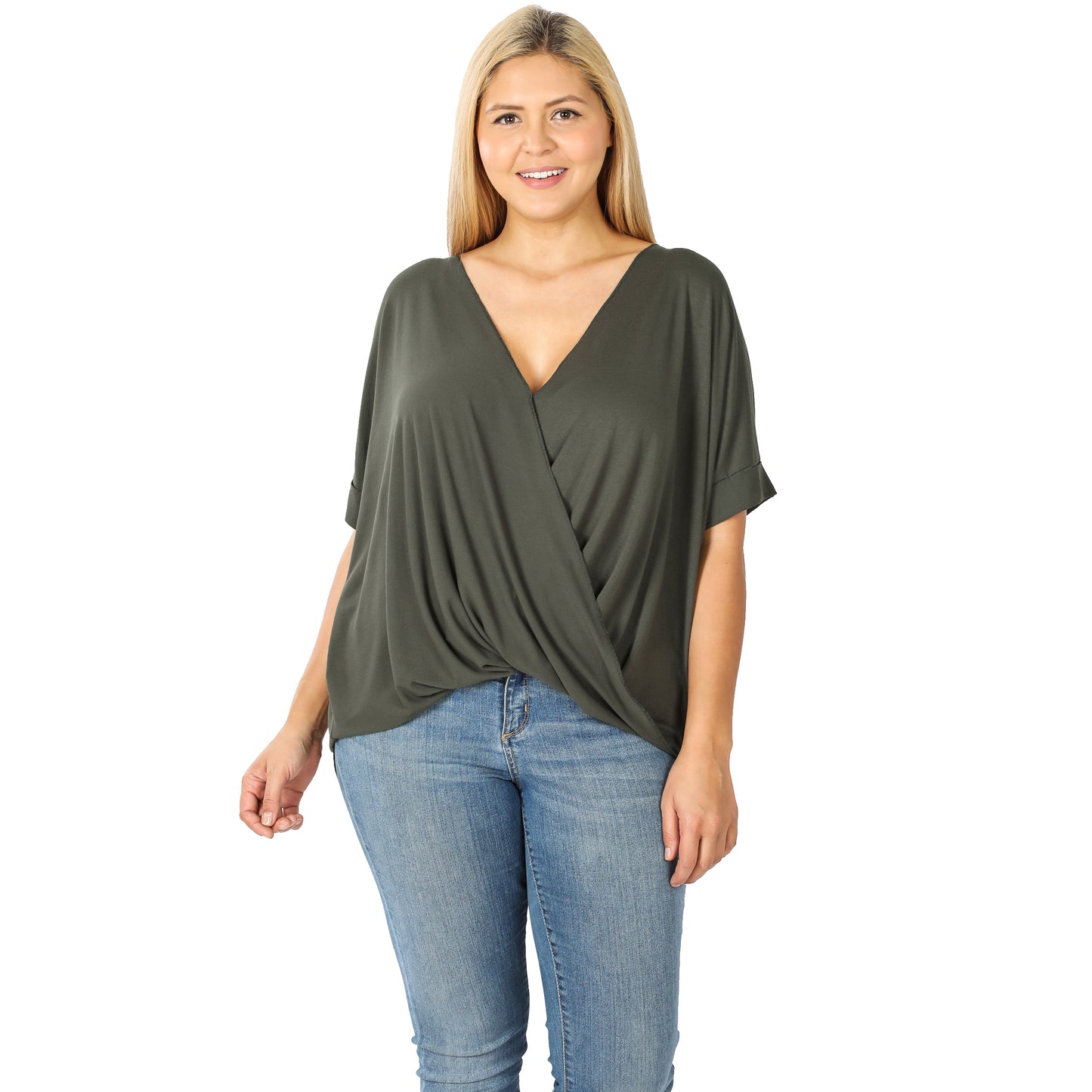 PLUS RAYON LAYERED-LOOK DRAPED FRONT TOP Olive