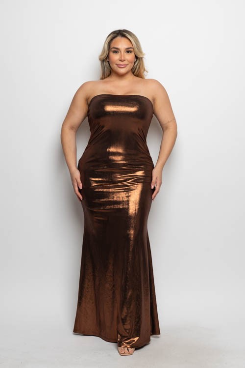 Holiday Plus Size Metallic Foil Bodycon Maxi Tube Dress