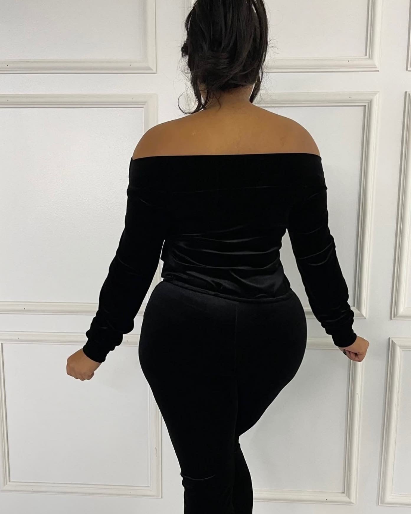 Velvet Off The Shoulder Jumpsuit Black Plus