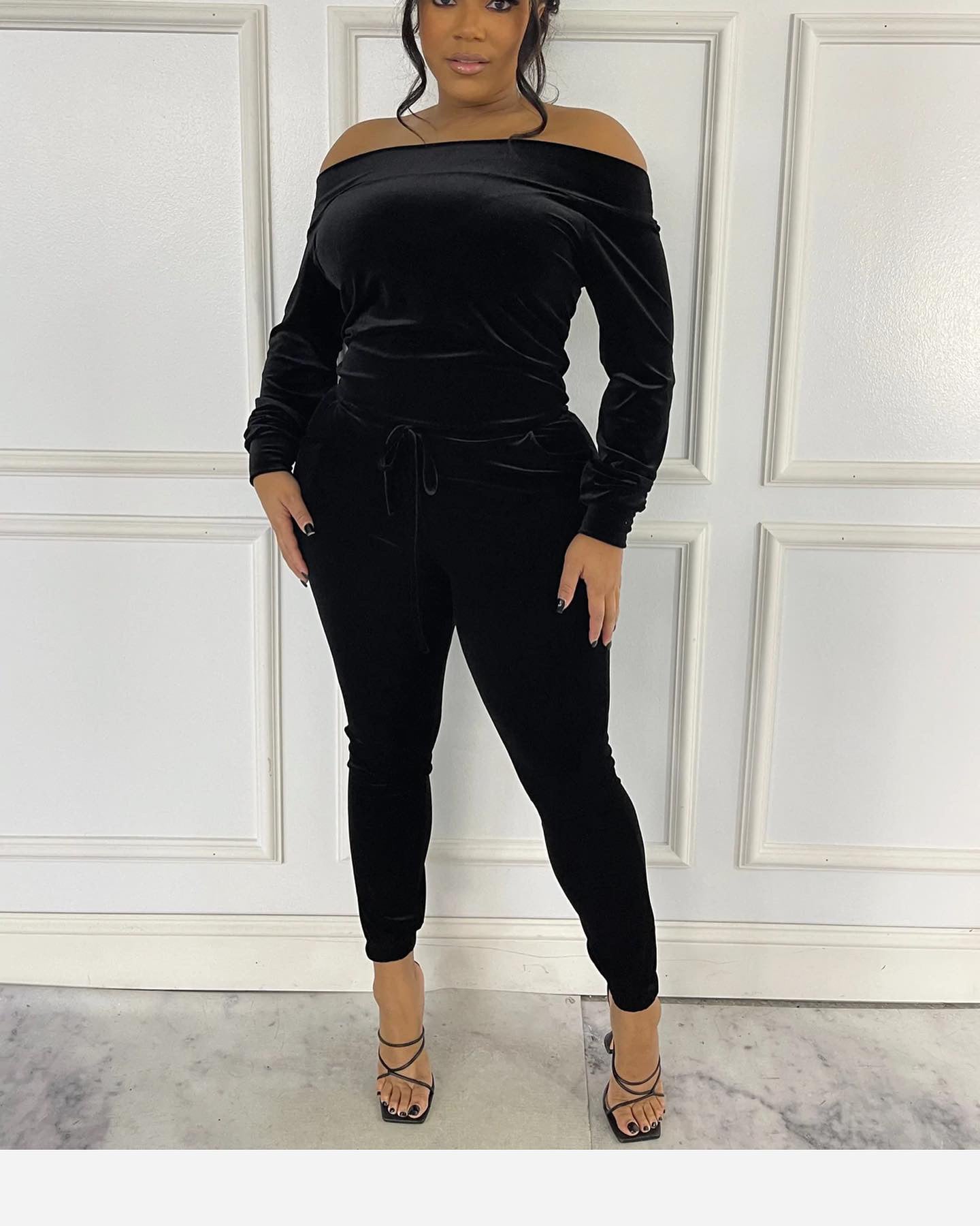 Velvet Off The Shoulder Jumpsuit Black Plus