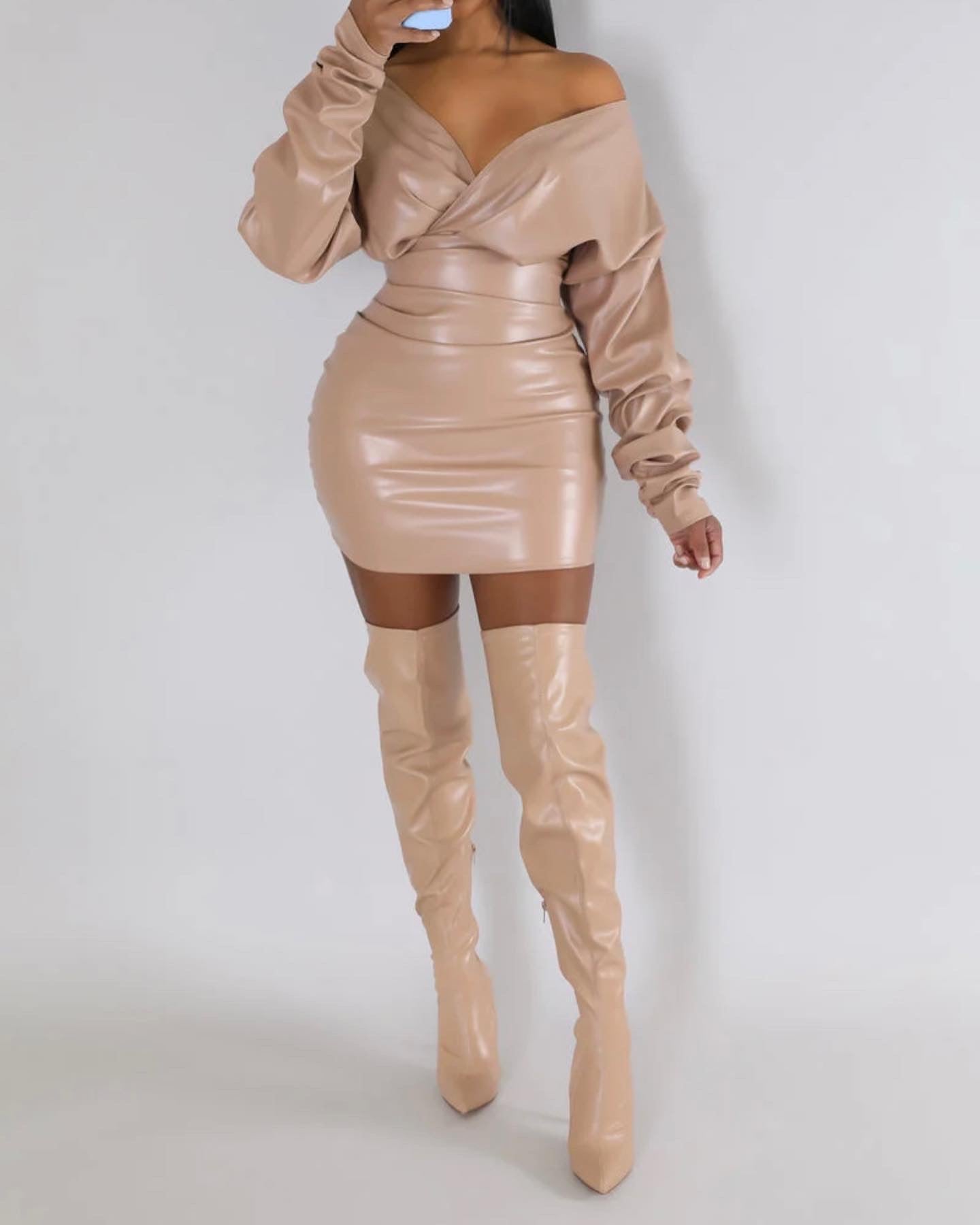 Faux Leather V-Neck Dress Sand SALE