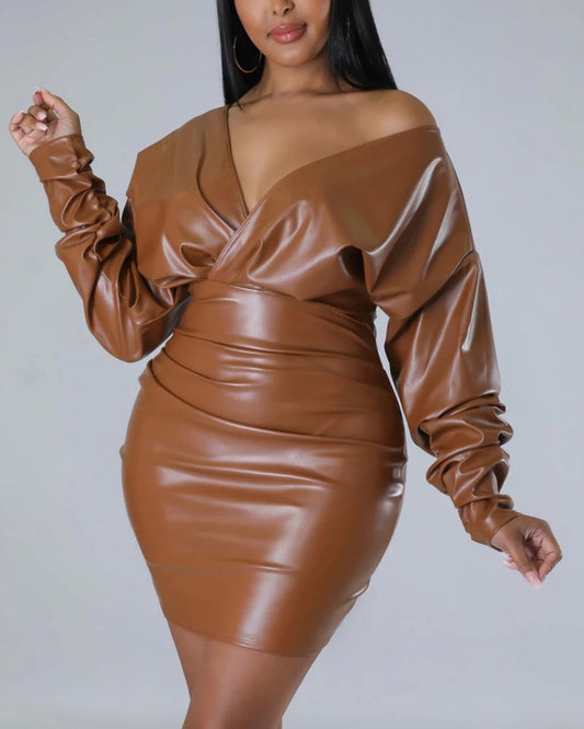 Faux Leather V -Neck Dress Dark Mocha