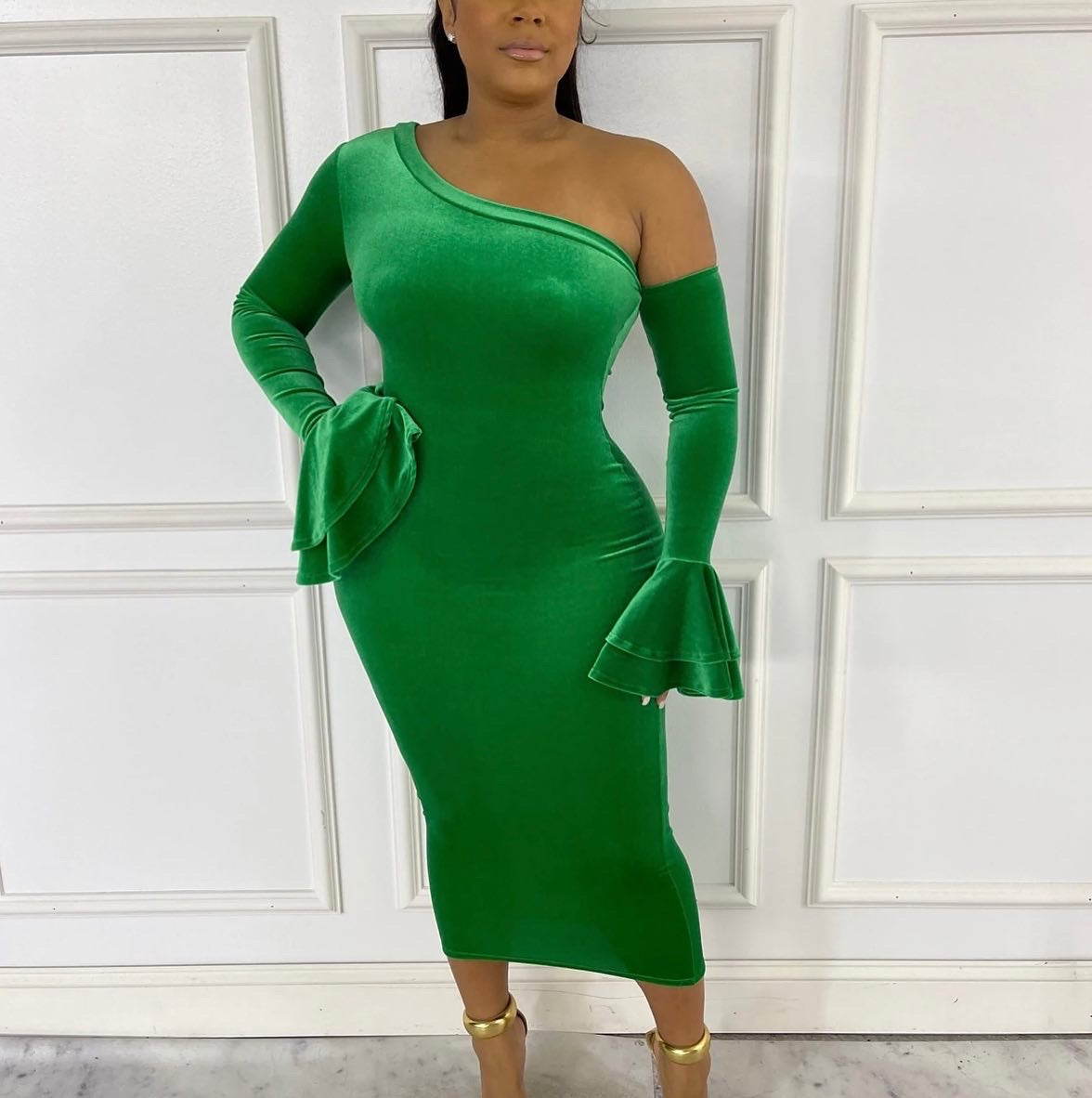 Velvet One Shoulder Dress Green