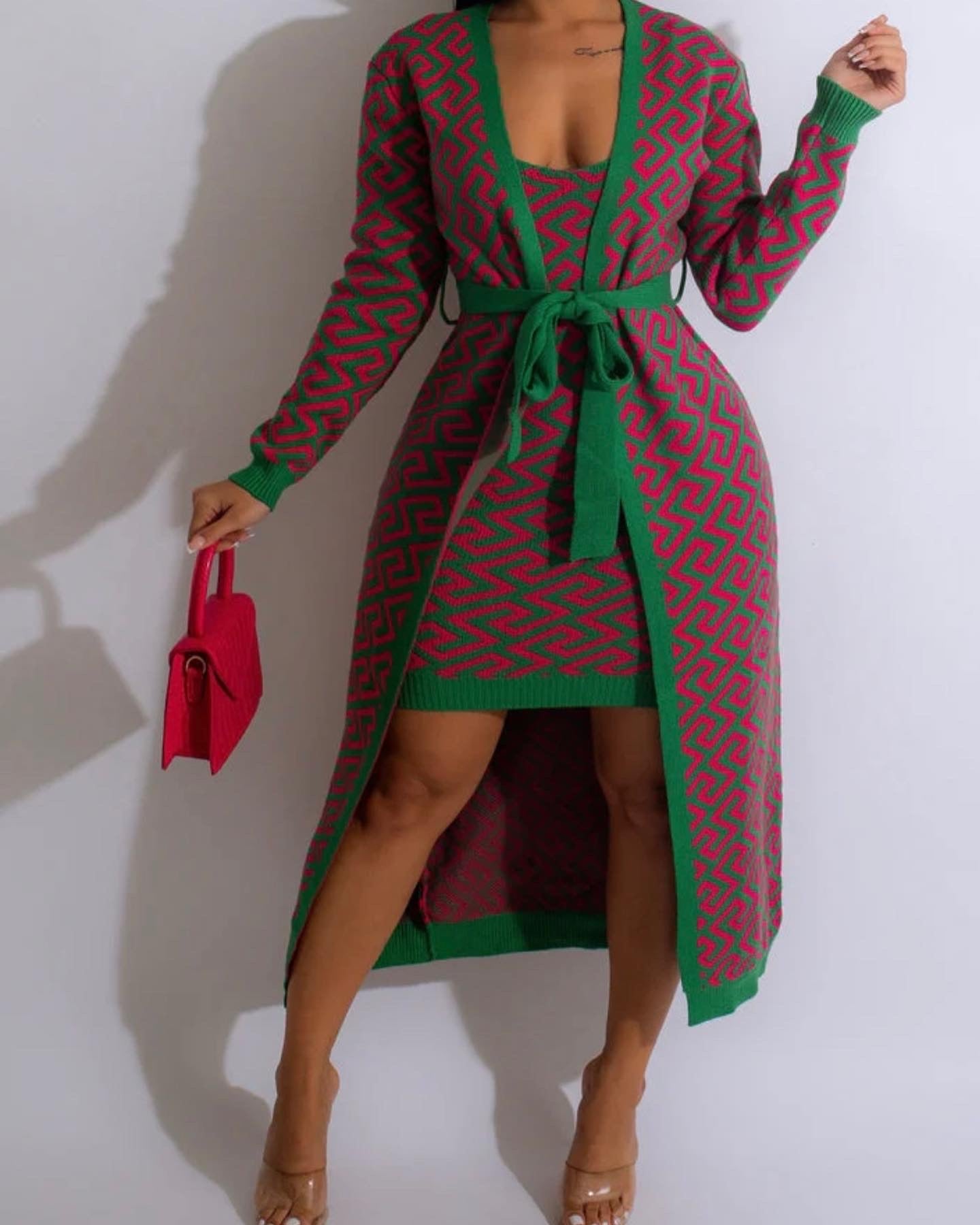 Sleeveless Knit Dress & Cardigan Green