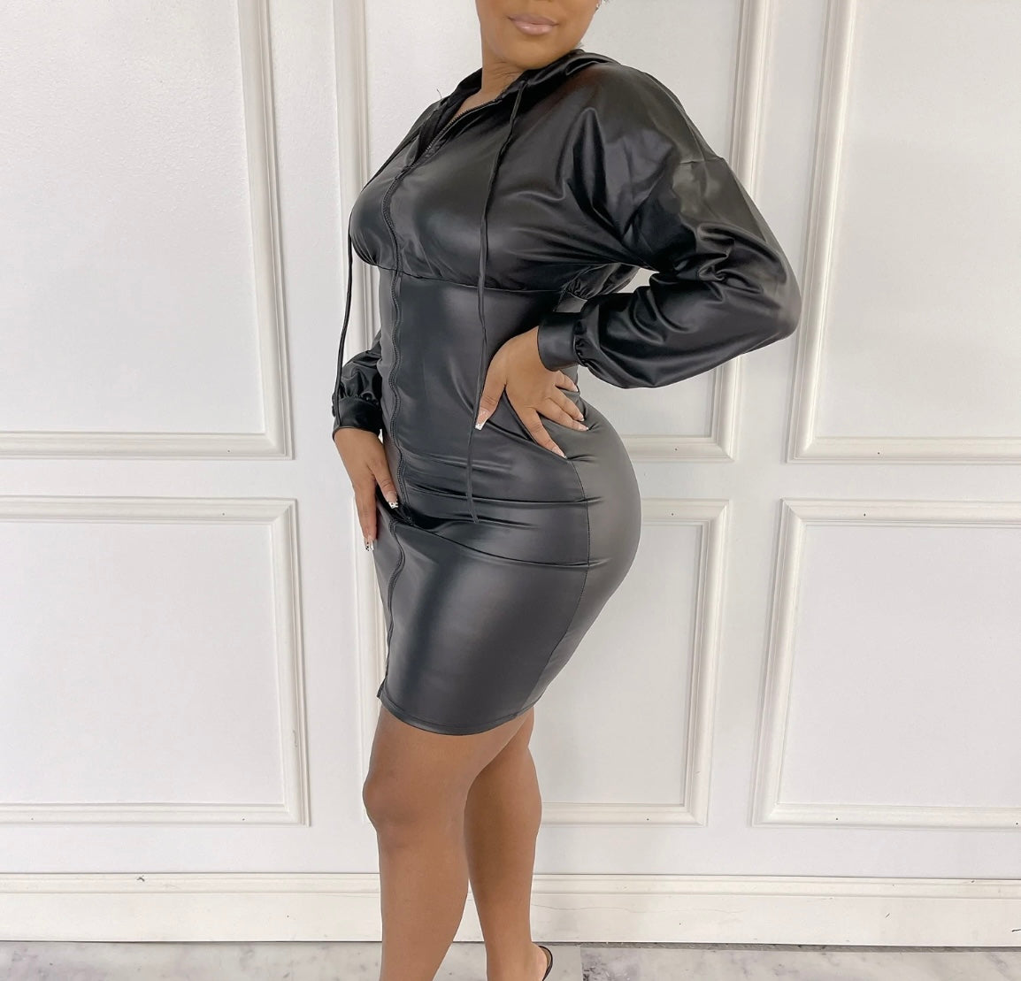 Faux Leather Zip Up Hooded Dress Black SALE