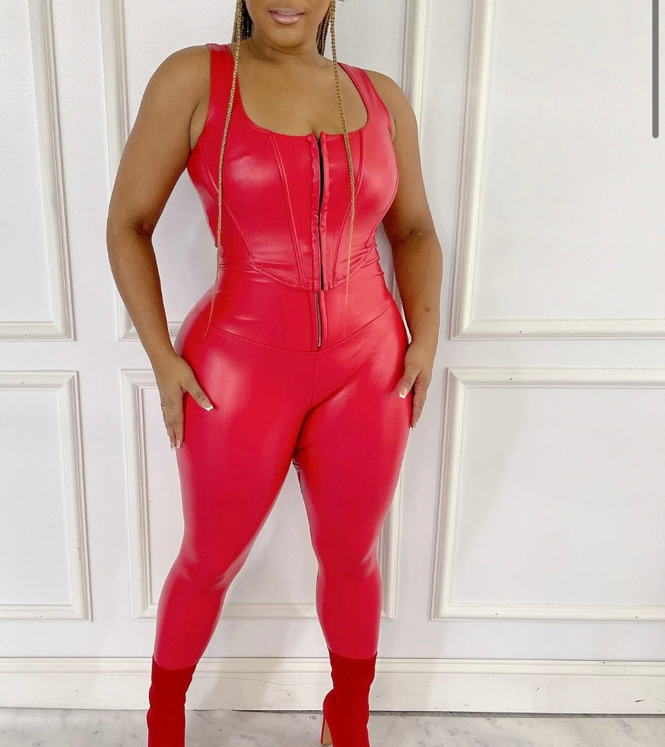 Faux Leather Corset Top And Bottom Red SALE