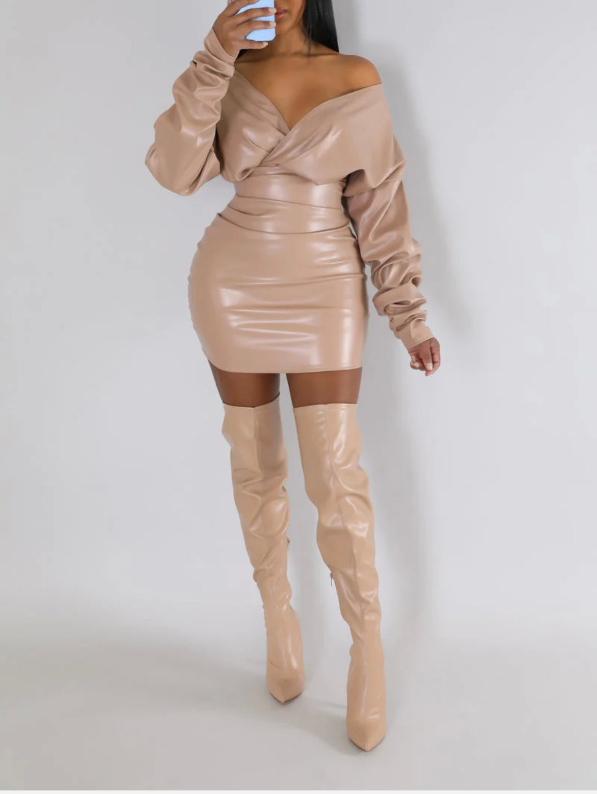 Faux Leather V-Neck Dress Sand SALE