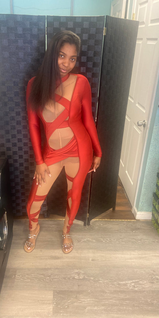 Red And Nude Jumpsuit